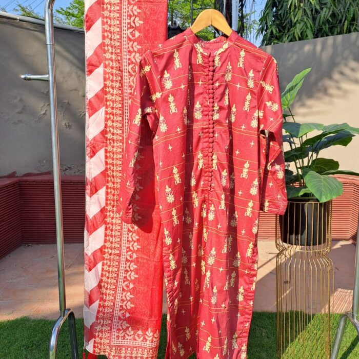 Maroon Premium Lawn - 3 Piece - Stitched