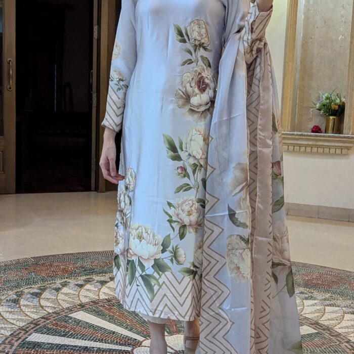 Exquisite Grey Floral Silk Dress - 3 Piece