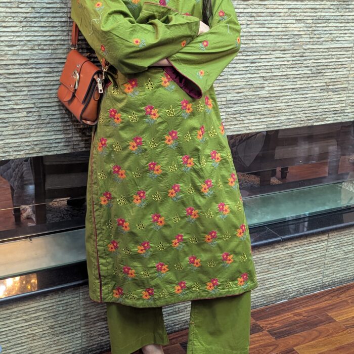 Olive Embroided Chikankari Pret